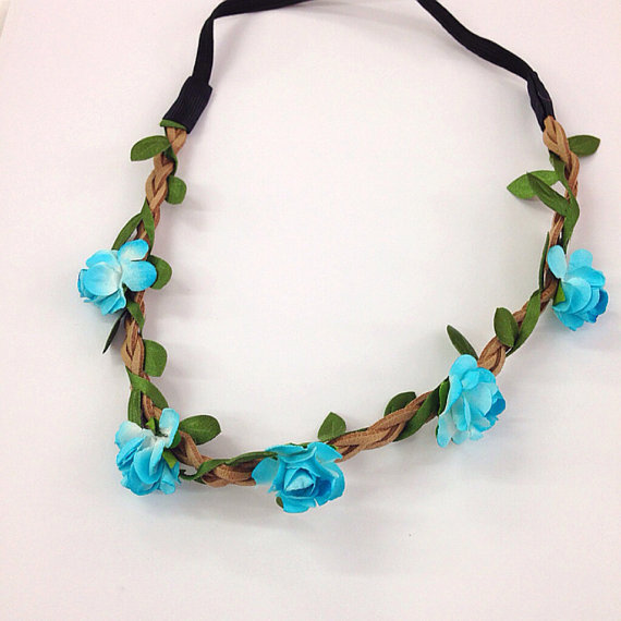 Свадьба - Mini turquoise flower crown/headband for music festival /wedding accessory / stretch headband /halo/ / Coachella /hippie flower headband /