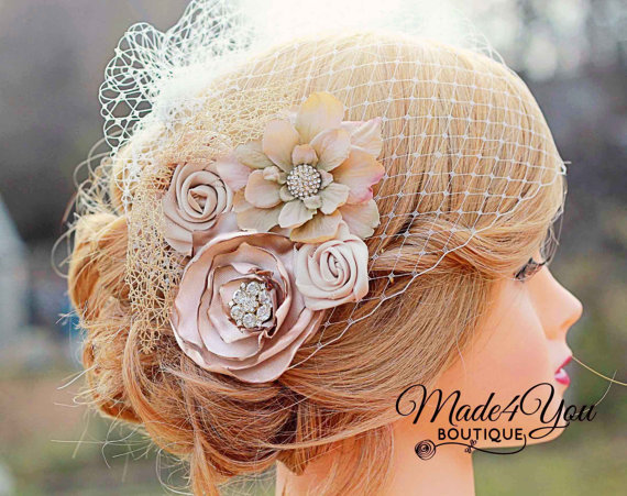 Свадьба - Champagne Birdcage Veil-Gold and Champagne Bridal Fascinator-Wedding Headpiece-Plum and Red Also Available