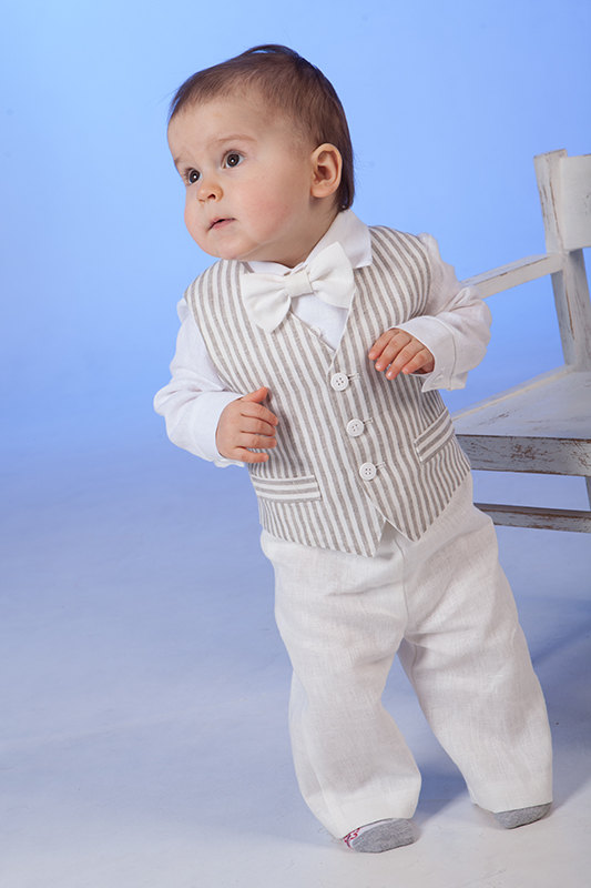 Hochzeit - Baby boy linen suit ring bearer outfit baptism natural clothes SET of 4 boy first birthday rustic wedding beach family photos formal striped