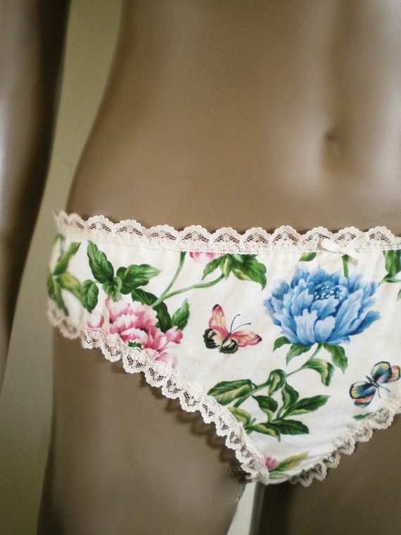 Hochzeit - Bridal Panties English Garden Print Ivory Knickers Butterflies, Blue, Pink Peony Roses Handmade Wedding Lingerie MADE TO ORDER