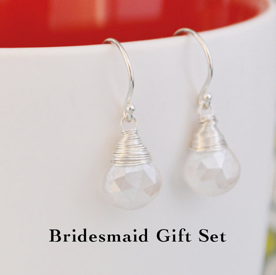 زفاف - Bridesmaid Gift Set of 3  Mystic Grey Moonstone Earrings, Argentium Sterling Silver Hoops, Wedding Jewelry