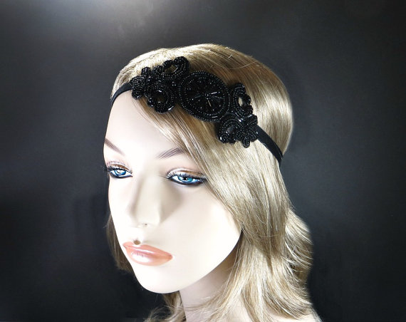 Wedding - Black Great Gatsby Headband, 1920s Flapper Headpiece, Daisy Buchanan Beaded Headband on Black velvet Ribbon