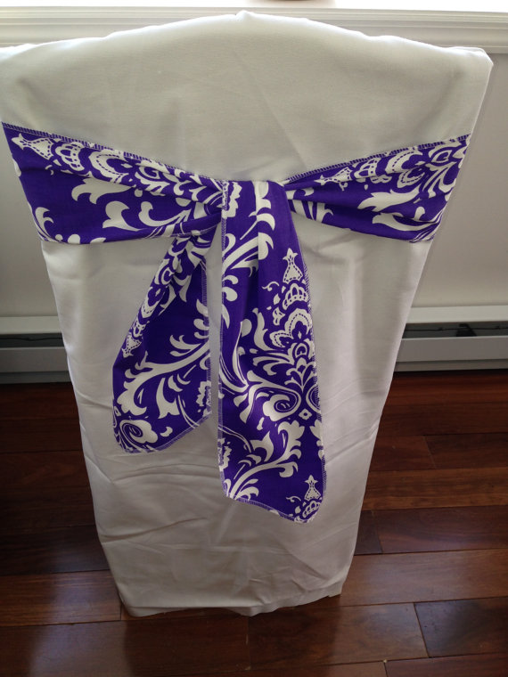 Свадьба - Purple and white Ozborne damask chair sash, 4.5" wide x 72" Long  wedding decorations, chair bow, cotton