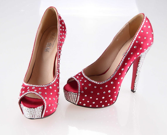 Mariage - Shinning crystal rhinestone shoes for Wedding , bridal shoes ,  party shoes ,  prom open toe pumps , platform shoes heels