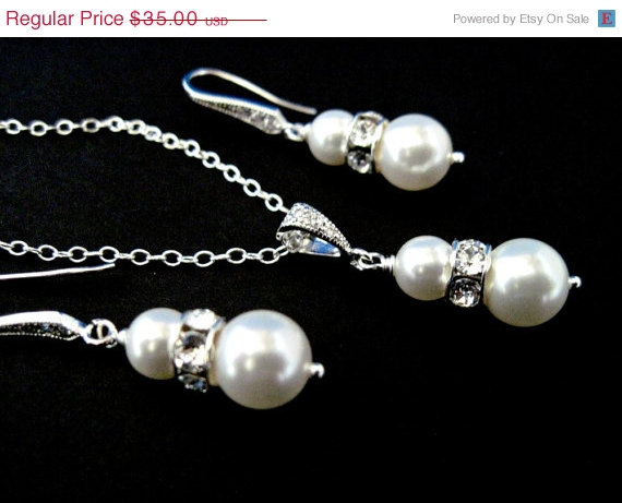 Hochzeit - ON SALE Bridal Jewelry Pearl and Crystal Necklace and Earrings Set Kylie