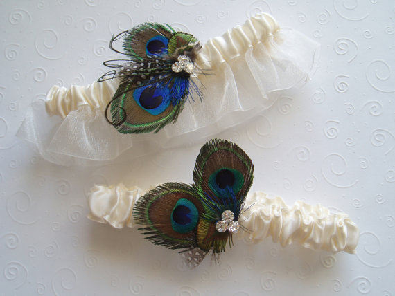 Hochzeit - Peacock Garter Set Feather WEDDING Rhinestone bridal lingerie ivory blue garder