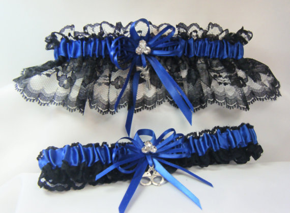 Wedding - Police Officer Wedding garters black lace and royal blue Garter set