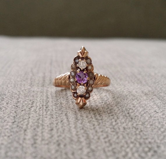 Mariage - Antique Engagement Ring Seed Pearl Amethyst Diamond Rose Gold 10K 1800s Victorian Art deco Flower Purple Estate February Birthstone Size 4