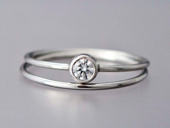 زفاف - Diamond Platinum Engagement Ring and Wedding Band Set - 3.4mm diamond with a delicate 1mm round band