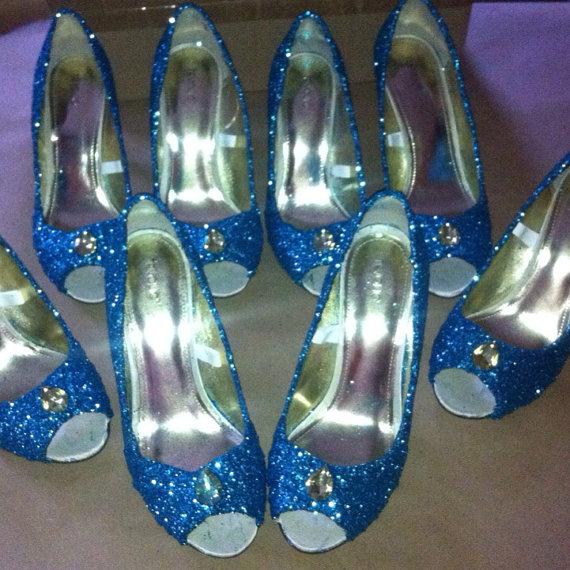 زفاف - Something blue wedding shoes for the bride or bridesmaids.  These sequined, jeweled, and glittered heels come in many heights/styles/colors