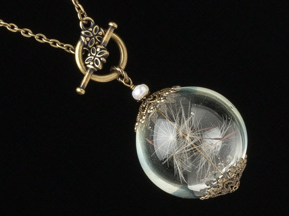 Hochzeit - Dandelion Necklace, dandelion seeds, glass orb necklace, wish necklace, terrarium necklace, gold filigree pearl pendant wedding jewelry Gift