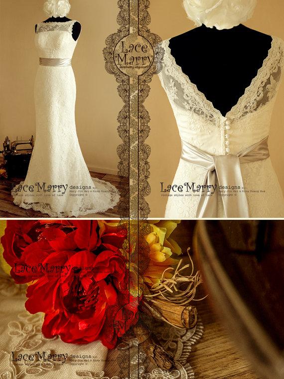 Свадьба - High Neckline Open V-Back Lace Wedding Dress in Slim A-Line Style, Comes with Satin Sash - Lace Wedding Dresses