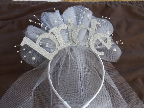 Wedding - Bride Party  XL sparkle Headband  with veil for new  Bride to be  -  Bride Gift