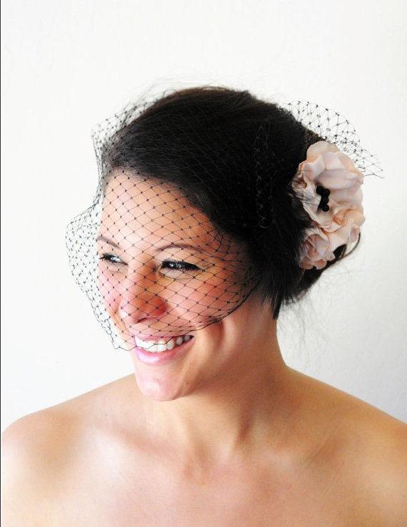 زفاف - Bridal Head Piece & Veil Set, Wedding Head Piece, Pink Black Head Piece, Feather Hair Clip, Flower Clip, White Head Piece, Ivory Head Piece