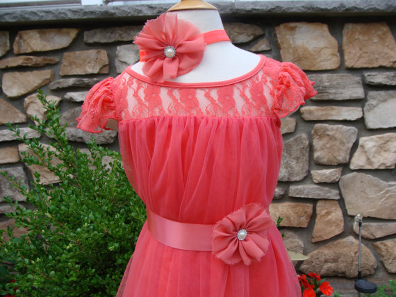 Wedding - Coral flower girl, Wedding dress,Lace baby dress,coral baby dress,girls dress,flower girl dress,lace dress,birthday dress,toddler dress