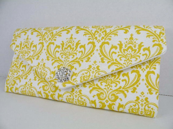 Hochzeit - Envelope Clutch Evening Bag Purse--Wedding Bridesmaid Gift--Sun Yellow and White MADISON Damask with Clear Crystal