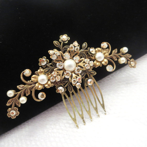 زفاف - Antique brass hair comb, Bridal hair comb, Wedding hair accessory, Flower hair comb, Rhinestone heade piece, Vintage style hair comb