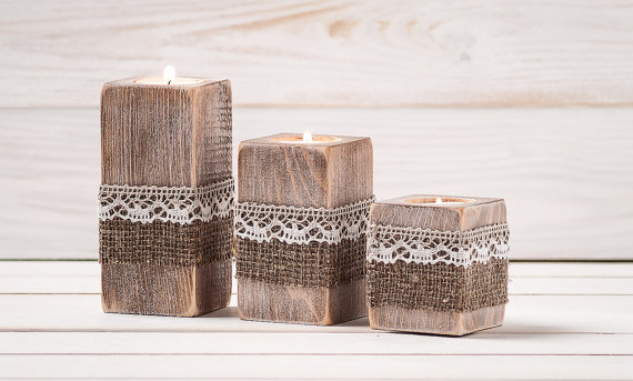 Wedding - Rustic Wedding Centerpiece Ceremony Candles Wood Candle Holders Set of Three Burlap and Lace Wedding Decor Table Top Accessory