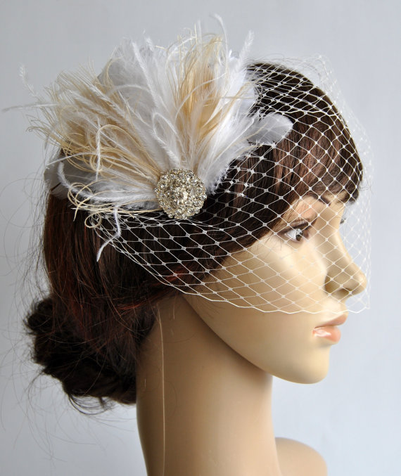 Hochzeit - 1920s Rhinestone head piece , Bridal Ivory Champagne Feather Fascinator,1920s Headpiece Bridal fascinator Wedding birdcage Veil set