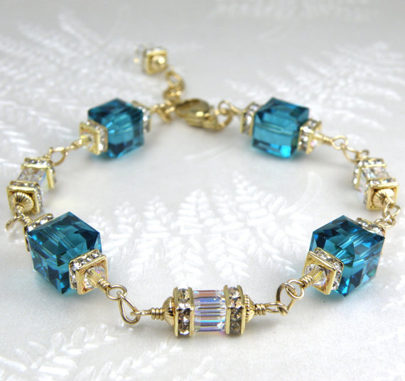 Hochzeit - Teal Bracelet, Swarovski Crystal Cube, Gold Filled, Bridesmaids Bracelet, Bridal Gift, Dark Teal Wedding Jewelry, Handmade Something Blue