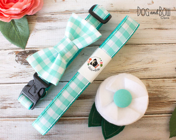 Mariage - Teal Gingham Dog Bow Tie Optional Leash
