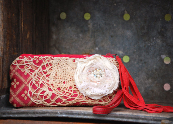زفاف - Ruby Tuesday Keepsake Mini Clutch - Scarlet Red vintage lace leather fringe bohemian gypsy rustic wedding bridal bride zipper pouch