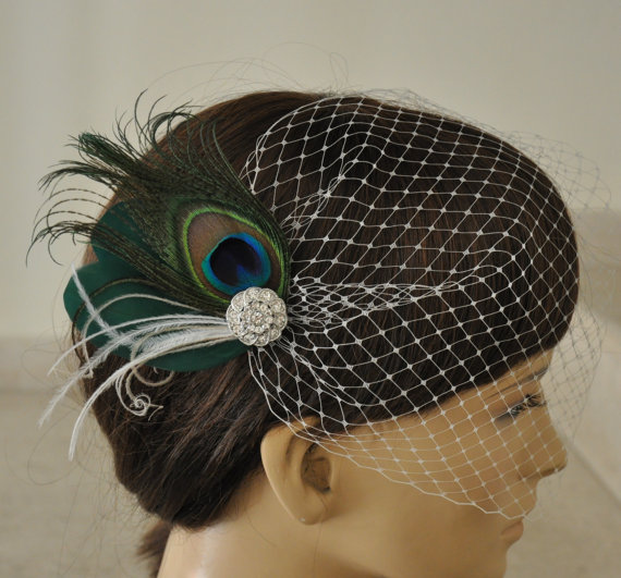 زفاف - Birdcage Veil ,peacock Feathers Fascinator,(2 ITEMS), bridal Feathers Fascinator, Hair Accessories,bridal head piece