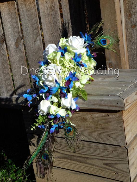 Wedding - Purple blue orchid bouquet, hydrangeas, roses, peacock feather bouquet , dendrobium orchids