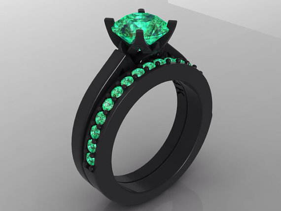 Wedding - Black Gold Engagement Ring Set BLOOMED LOVE  Inspired Round VVS 1.25ct Emerald 14kt Black Gold Engagement Ring  Wedding Band Set Anniversary