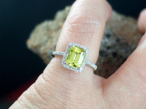 Hochzeit - Engagement Ring Hemera Yellow Sapphire Emerald cut & Diamonds Halo Custom Size White-Yellow-Rose Gold-10k-14k-18k-Platinum