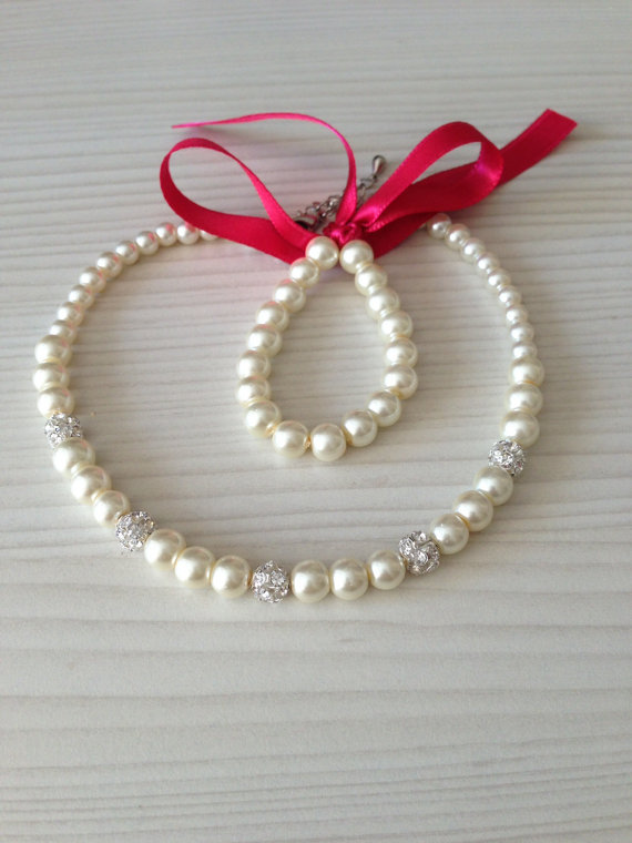 زفاف - Flower girls jewelry set with hot pink ribbon - Bridal bracelets - Bridal necklace