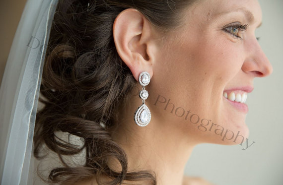 Hochzeit - 3 stone bridal earrings wedding earrings tear drop/pear cubic zirconia earrings dangle earring, wedding jewelry bridal Jewelry