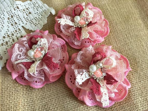 Hochzeit - 3 shabby chic lace and fabric handmade flowers.