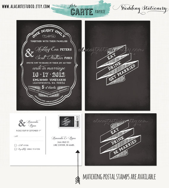 Hochzeit - Chalkboard Wedding Invitation Suite  - Invitation, RSVP - Vintage Wedding Stationary