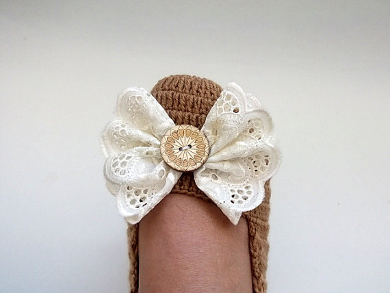 Wedding - Camel Crochet booties with bow-Adult Size-Camel Crochet Slippers with Lace Bow