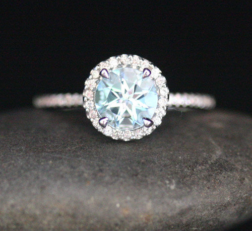 Wedding - Aquamarine Engagement Ring Round 7mm Aquamarine 14k White Gold Ring with Diamond Halo (Also Available in Rose Gold)