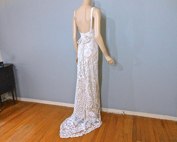 Hochzeit - Halter Wedding Dress  Boho WEDDING Dress,White Lace Wedding Dress Sz Small
