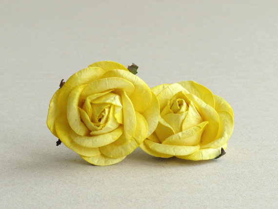 Wedding - 50mm Large Bright Yellow Roses (2pcs) - mulberry paper flowers with wire stems - Great for wedding decoration and bouquet [443]
