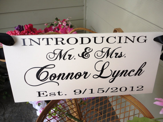 Wedding - Wedding Sign. Here Comes the Bride with Introducing the Bride and Groom with Names & Date. 8 X 16 inches, 2-Sided. Flower Girl, Ring Bearer.