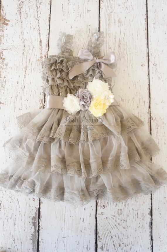 Wedding - Flower Girl Dress -Lace Flower girl dress -Baby Lace Dress - Rustic -Country Flower Girl - gray flower girl dress - silver flower girl dress