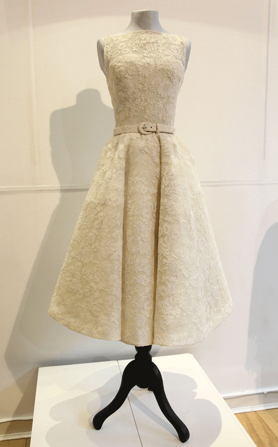 Hochzeit - Custom Couture Dress Audrey Hepburn Inspired Lace 50s Wedding Gown