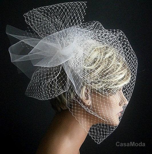 Wedding - White Wedding Viel Full Birdcage Veil With Poof In White Color 18 Inches 