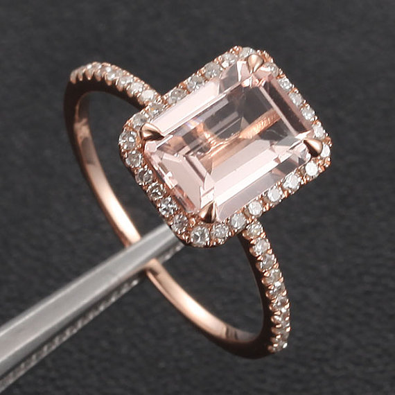 زفاف - 14K Gold  6x8mm Emerald Cut Morganite Ring  Pave Diamond Engagement Ring Wedding Ring