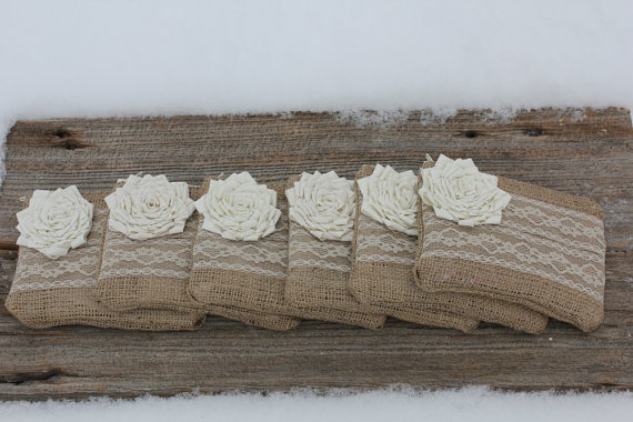 Hochzeit - 6 Burlap and Lace Wedding Clutches - Bridesmaid Clutch - Bridal Party - You Choose The Color Flower and Lining