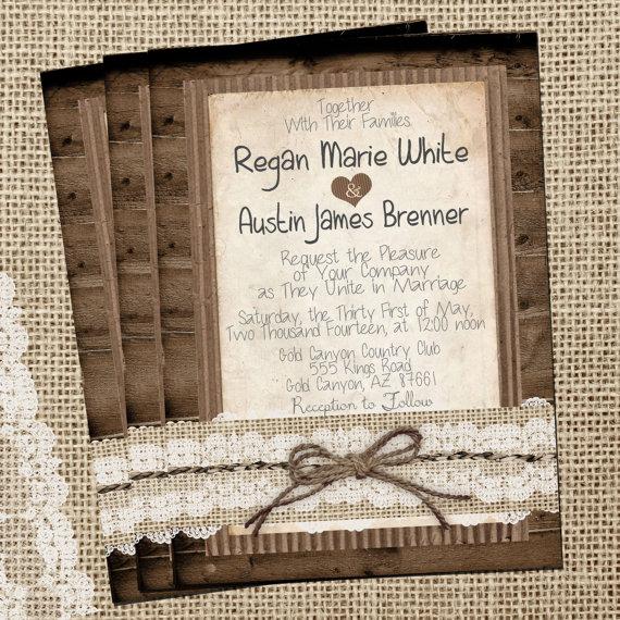 Mariage - Rustic Burlap and Lace, Cute Wedding Invitation, Wood, Twine, Printable, Digital File, Personalized, 5x7,