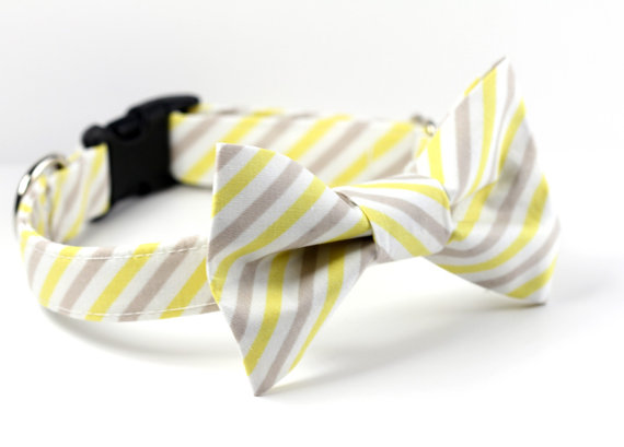 Hochzeit - Yellow Bowtie Dog Collar - Wedding Collar - Yellow Bias Stripe