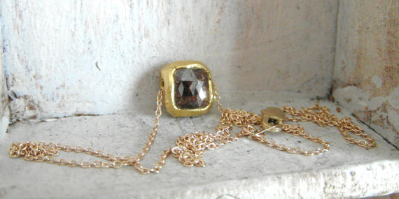 زفاف - checker cut diamond 22 K solid yellow gold -drilled sideways pendant -simplistic necklace