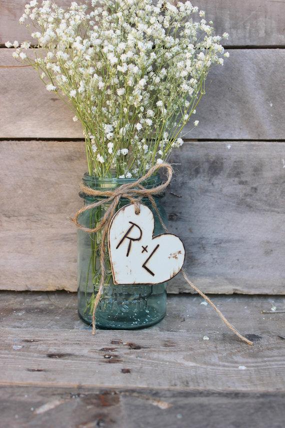 Wedding - rustic bouquet charm . rustic wedding favors  . heart wedding table mason jar centerpiece decor . engraved charm for bouquet