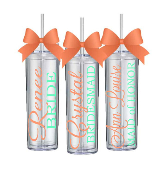Hochzeit - 6 Skinny Personalized Bridesmaid Tumblers - Wedding Party Acrylic Tall Tumblers - SET of SIX