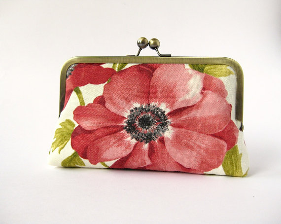 Mariage - Floral linen clutch purse in silk lining, Bridesmaid clutch, Weddings, Bride, formal clutch purse, Bag Noir